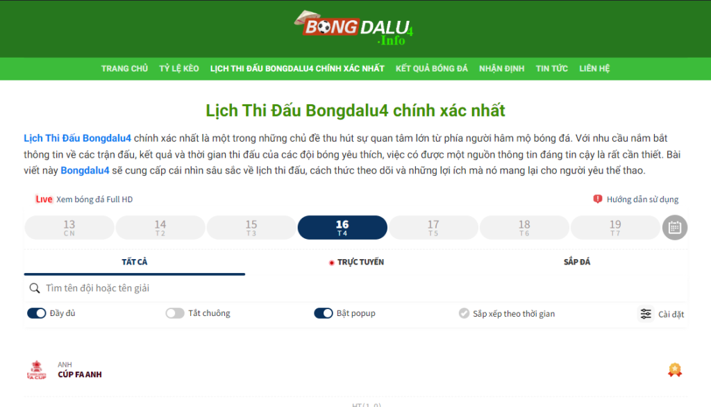 Lịch Thi Đấu Bongdalu4 chính xác nhất